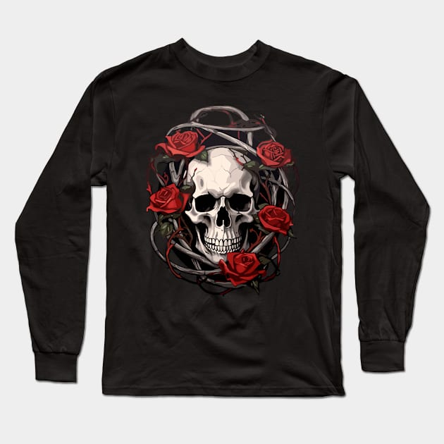 Skull And Roses - Rose with thorns skull design Long Sleeve T-Shirt by DesginsDone